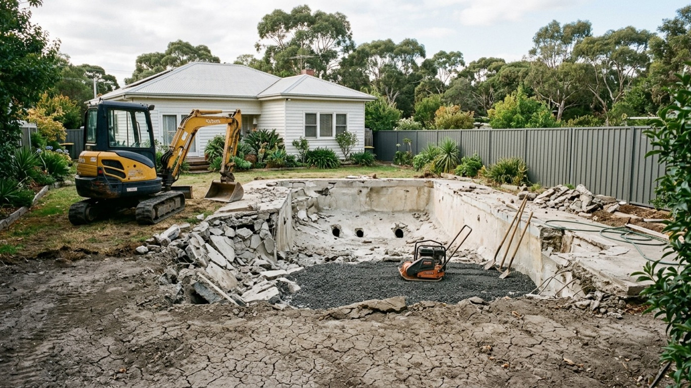 Sunken rectangular patch of lawn in a Melbourne backyard with tilted pavers and cracked clay soil, where a pool was filled in.